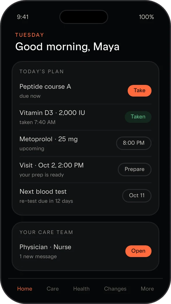 A clinic-branded patient app: today's plan with a peptide dose due, vitamin D3 taken, a medication reminder, visit prep for an upcoming appointment, and the next blood test