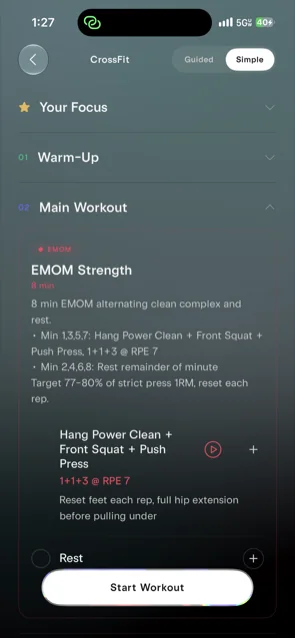 An AXLE workout: an EMOM strength block of hang power clean, front squat and push press at RPE 7