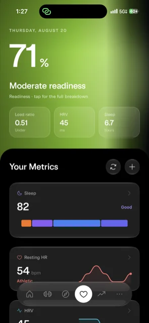 Readiness at 71 percent, moderate, with load ratio, HRV and sleep tiles
