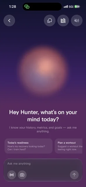 Ask AXLE asking what's on your mind today, with quick prompts for readiness and planning a workout