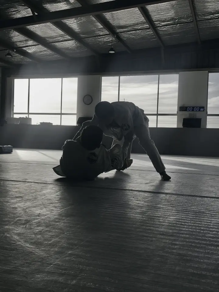 Two grapplers training on the mats of a dim academy lit by tall windows