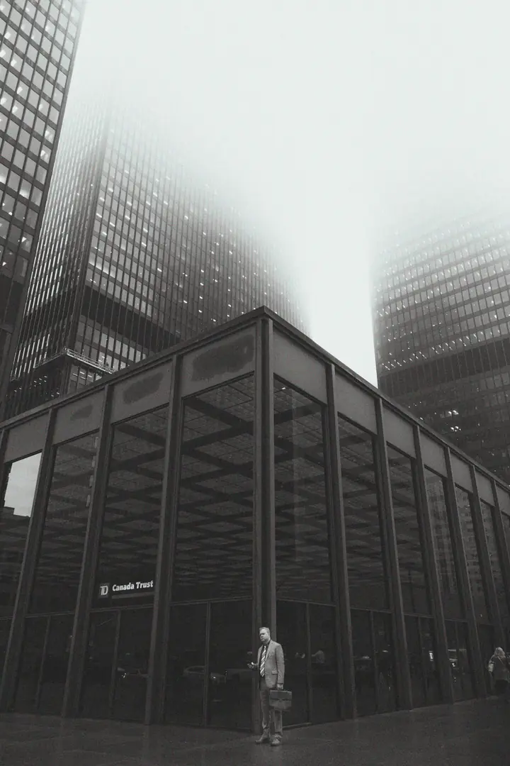 A lone figure beneath glass towers disappearing into fog