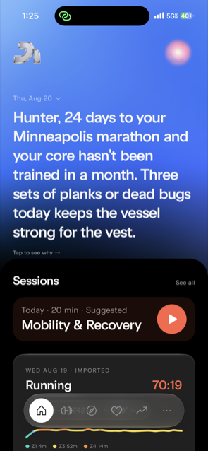 AXLE home screen greeting the user with a personalized daily briefing: 24 days to your Minneapolis marathon and your core hasn't been trained in a month, with a suggested mobility and recovery session below