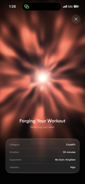 AXLE forging a workout: a glowing ember visual with the words Forging Your Workout, balancing your week. CrossFit, 30 minutes, at your own gym, high intensity