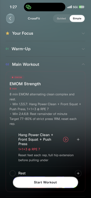 A generated CrossFit session in AXLE: EMOM strength work with hang power clean, front squat and push press at prescribed RPE, with warm-up and start workout button
