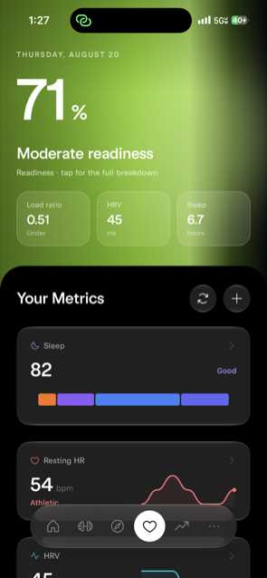 AXLE readiness screen showing 71 percent moderate readiness with load ratio, HRV and sleep tiles, plus sleep score and resting heart rate metrics