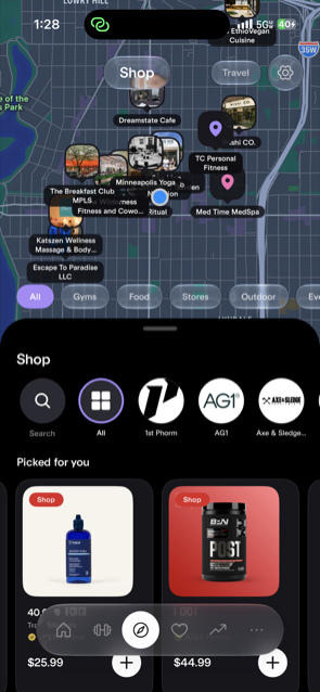AXLE explore map of nearby gyms, studios and cafes above a shop shelf of supplements picked for the user's gym bag