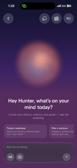 Ask AXLE conversational screen asking Hey Hunter, what's on your mind today, with quick prompts for today's readiness and planning a workout